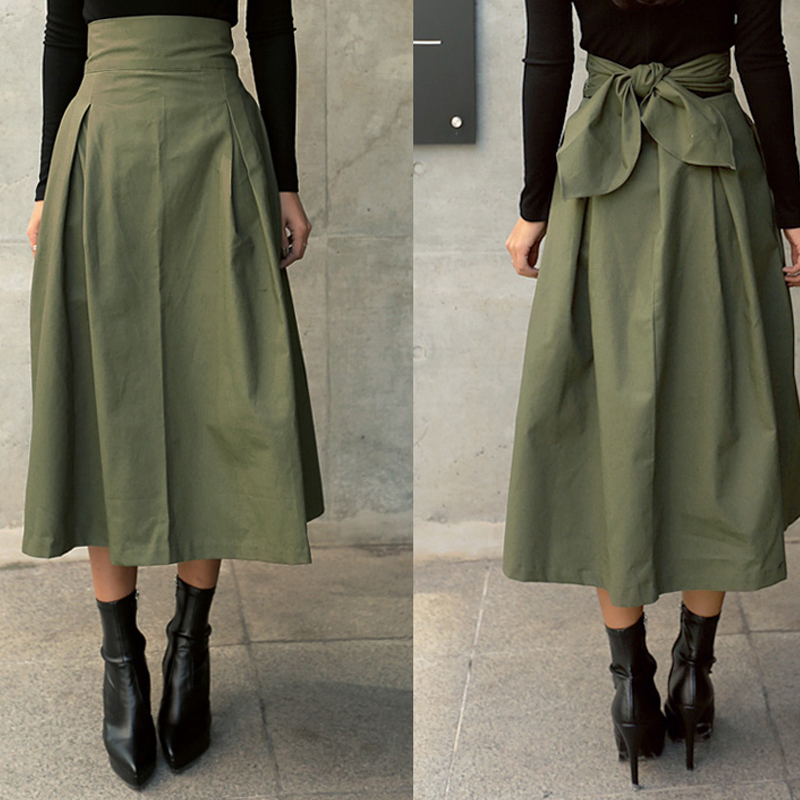 shintimes Skirts Womens Korean Fashion Solid Color Big Swing Ladies Skirt Long Skirt Autumn Wild High Waist Bow Slim Skirts 210309
