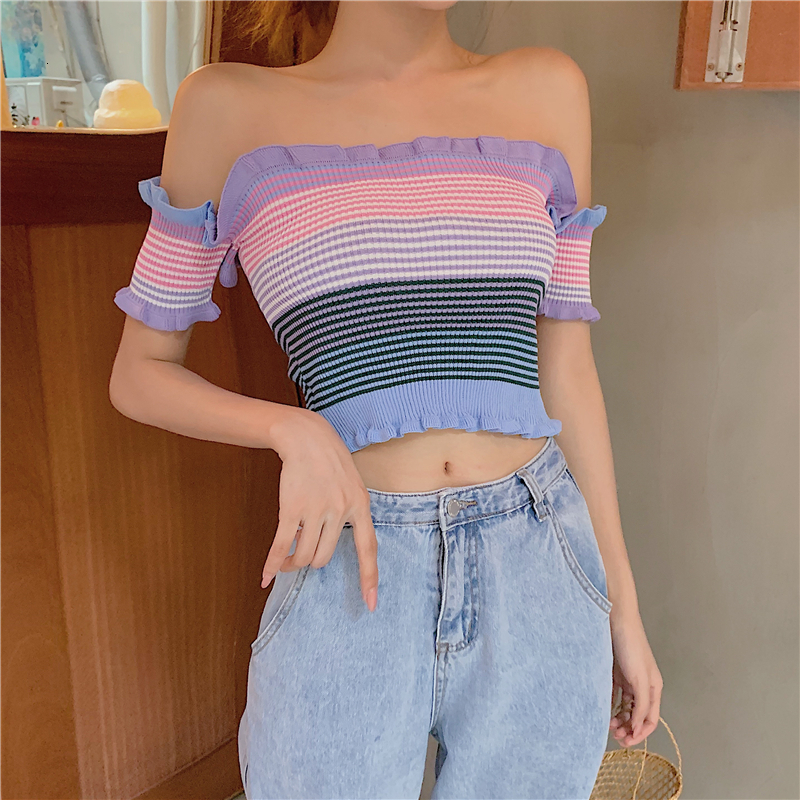 2021 New Kpop Sexy Fashion Striped T-shirts Will See Ny Strapless Short Sleeve Korean Ulzzang Tops of Women's Clothes 4pjd, Lavender.
2021 New Kpop Sexy Fashion Striped T-shirts Will See Ny Strapless Short Sleeve Korean Ulzzang Tops of Women's Clothes 4pjd, Lavender.