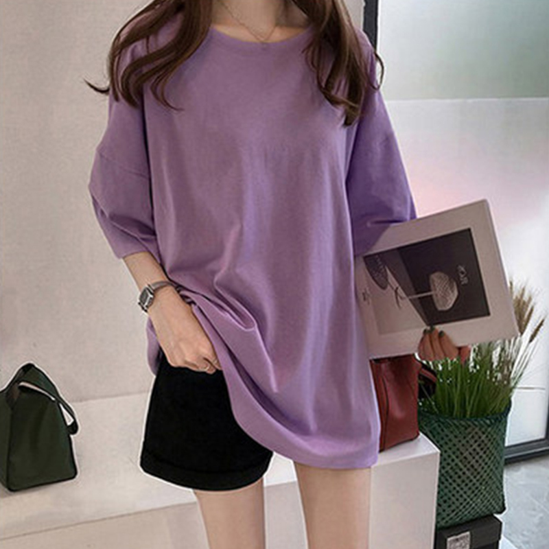 Pure color medium long T-shirt summer Short Sleeved Women Korean leisure large size loose-fitting college style women 210306