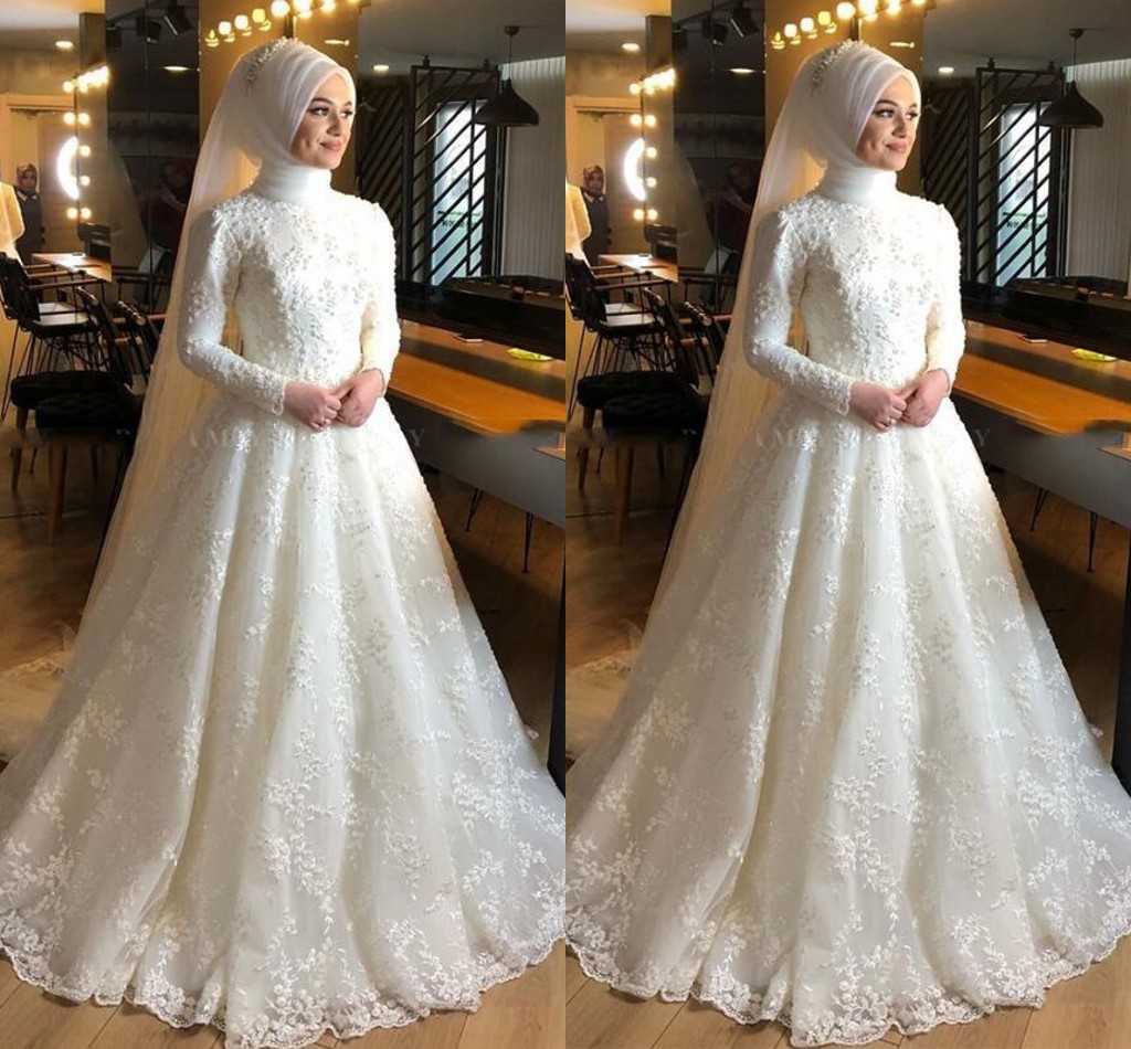 Vintage Islamic Ivory Full Lace Muslim High Jewel Neck Pearls Long Sleeves Dubai Arabic Bridal Gowns Wedding Dresses