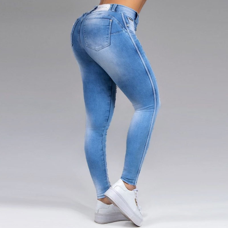 Ripped Skinny Jeans Women High Waist Sexy Stretch Pants Korean Fashion Streetwear Distressed Slim Blue Bleached Denim Trousers 210222