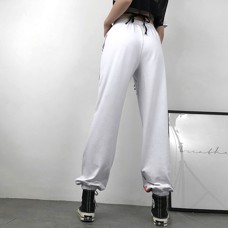 Rapwriter Casual Fire Print Elastic High Waist Trousers Women Summer Streetwear Harajuku Sweatpants Joggers Straight Pants T200516