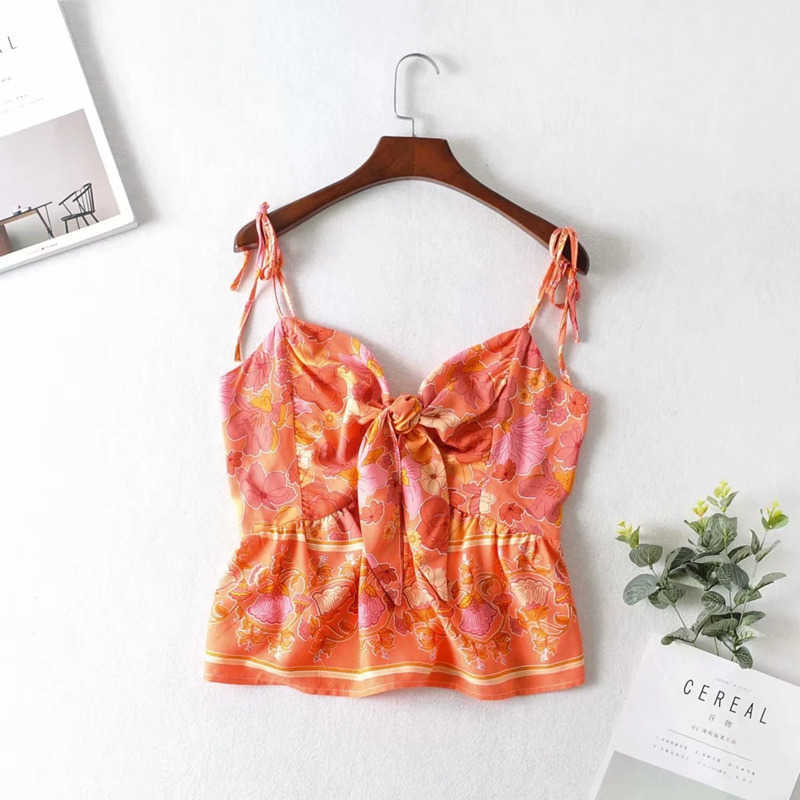 DEAT Summer Fashion Casual Patchwork Sleeveless Bsckless Slim Print Bow Shirt Elastic Waist Shorts Set Women SD016 210709