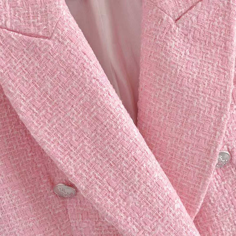 Klacwaya Za Blazer Women Fashion Pink Plaid Texture Casual Spring Autumn Office Double breasted Coat 210907
