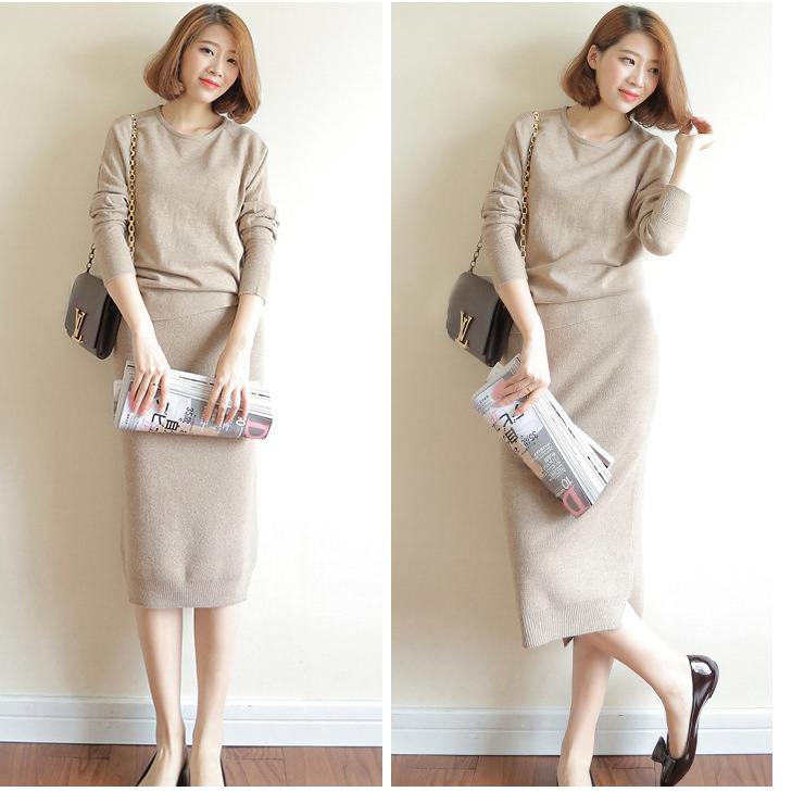 autumn winter New Women Cashmere sweaters and Knitting Package Hip Skirts two Piece Sets Female Dresses knitted Suit 201008