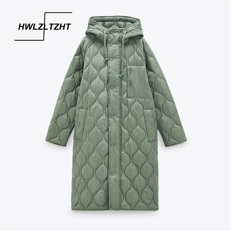 HWLZLTZHT Winter Vintage Green Women's Parka Warm Jacket Coat Casual Hooded Overcoats Female Warm Loose Long Outwear Windbreaker 210819