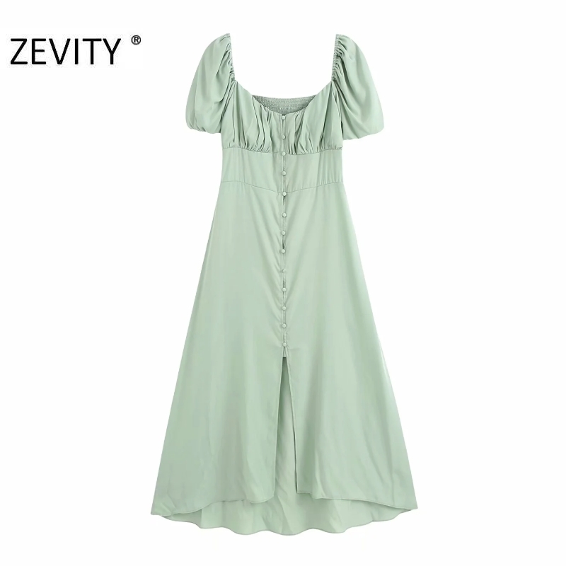 women vintage puff sleeve single breasted red midi dress female back elastic casual slim vestidos chic party dresses DS3877 210309