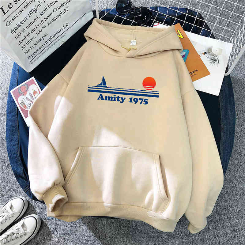 Amity 1975 Jaws Print Hoodies Man Sweater Vintage Oversize Pocket Hooded Pullover Male Cartoons Fashion Hip Hop Oversize Hoodies H1227