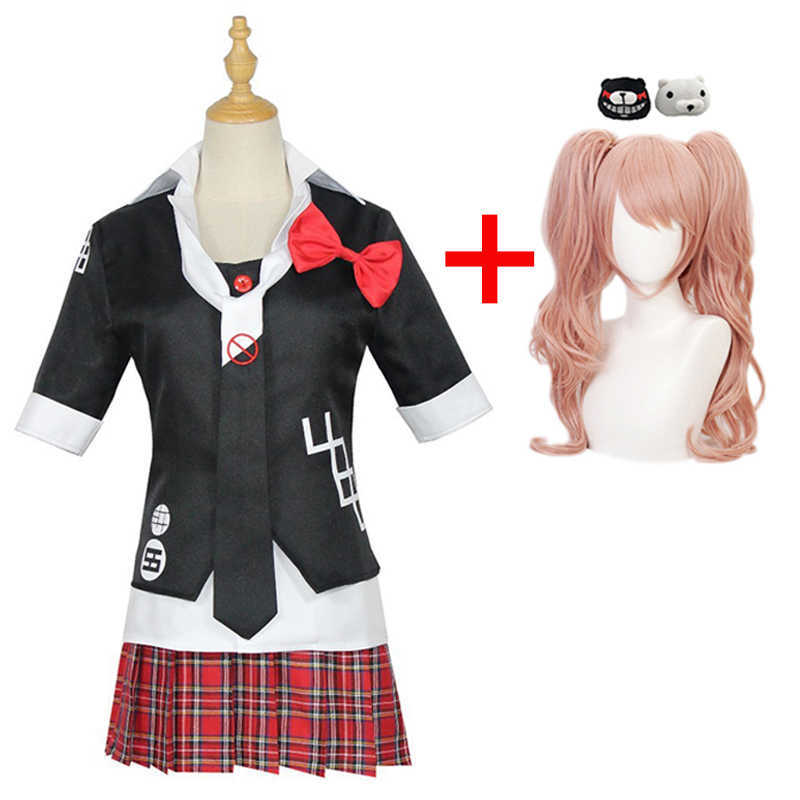 Anime Danganronpa Cosplay Costume women girl Enoshima Junko Game Black Uniform Cafe Work Clothes Short Skirt Wig Set Y0913