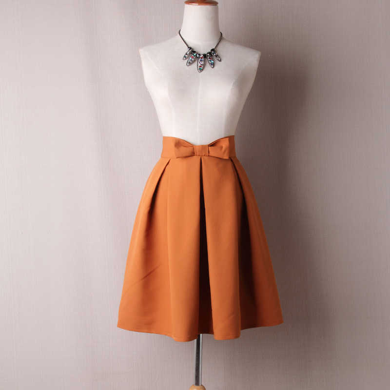 Neophi Causual Bow Pleated Women Skater Skirts Knee Length Summer High Waist Ladies Solid Black Ball Gown Saia S-XXL S8423 210619