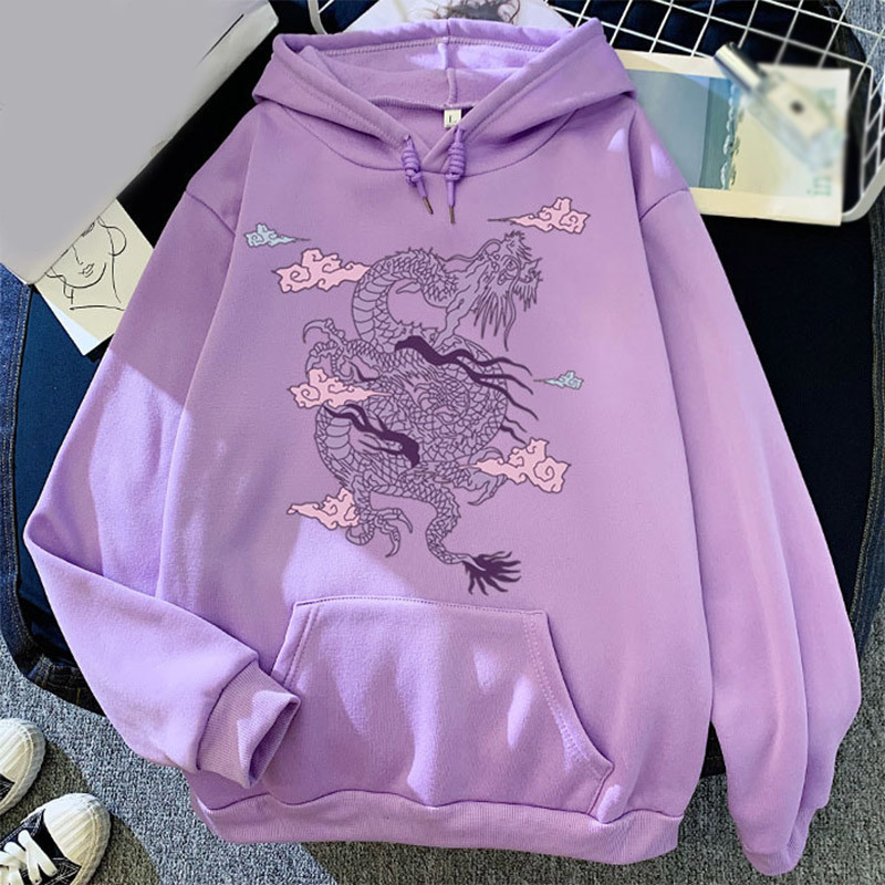 Autumn Dragon Pattern Print Fleece Women Hoodies Drawstring Purple Pocket Female Sweatshirts Fashion Casual Lady Pullover 201102