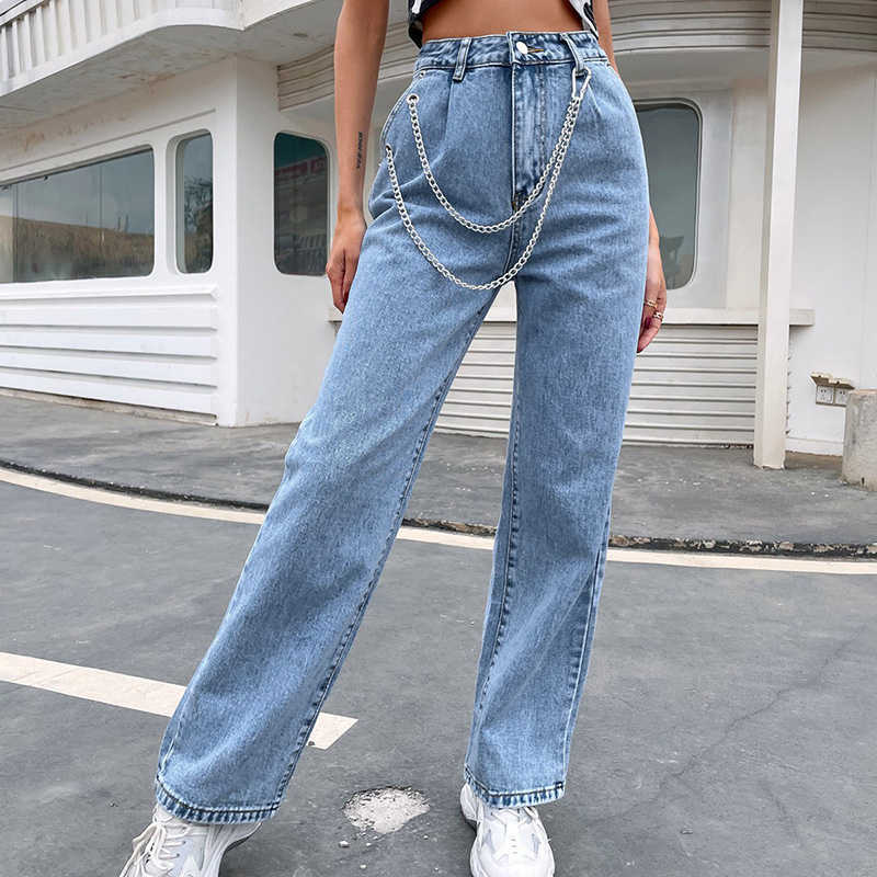 Benuynffy Zipper Fly Pockets Black Wide Leg Jeans Women Autumn Winter Casual Streetwear Ladies High Waist with Chain 210922
