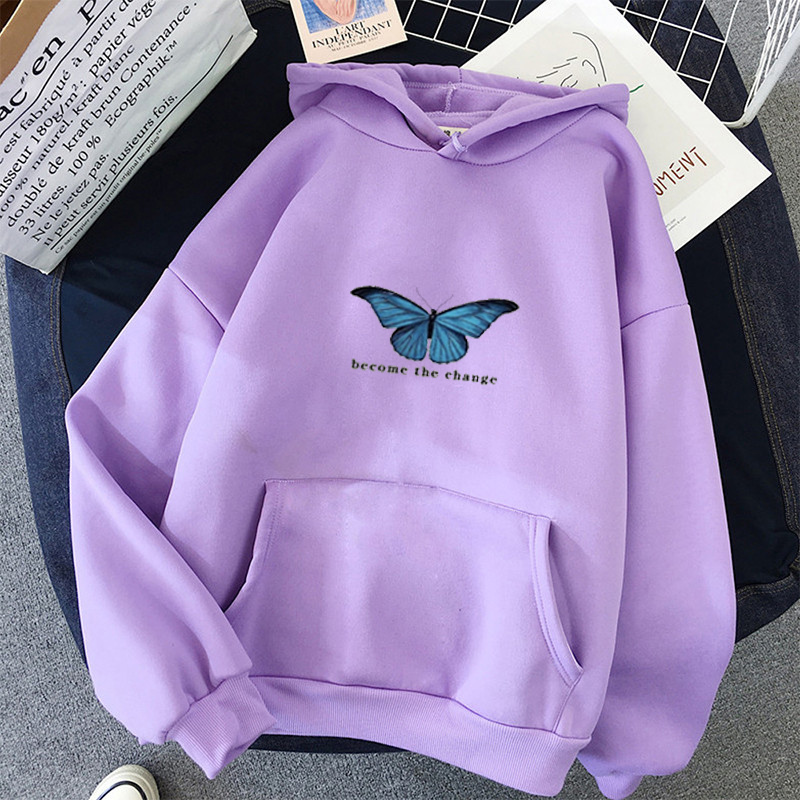Print cute butterfly Women oversized Sweatshirt harajuku pink Full Sleeve Hoodie clothes Hoody tops 201102