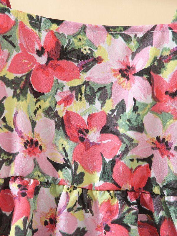 Toddler Girls Floral Print Ruffle Cuff Square Neck Dress SHE