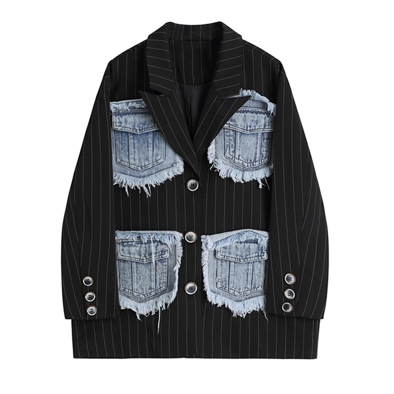Getspring Women Blazer Denim Patchwork Striped Vintage Blazers And Jackets Color Matching Casual Loose Suit Coat 210601, Stripe 
Getspring Women Blazer Denim Patchwork Striped Vintage Blazers And Jackets Color Matching Casual Loose Suit Coat 210601, Stripe