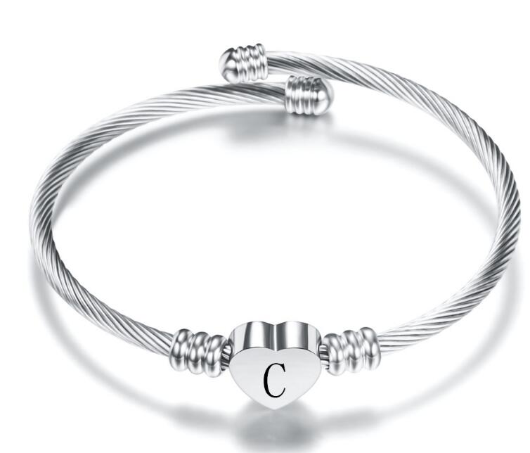 Gold Color Stainless Steel Heart Bracelet Bangle With Letter Fashion Initial Alphabet Charms Bracelets For Women GC601