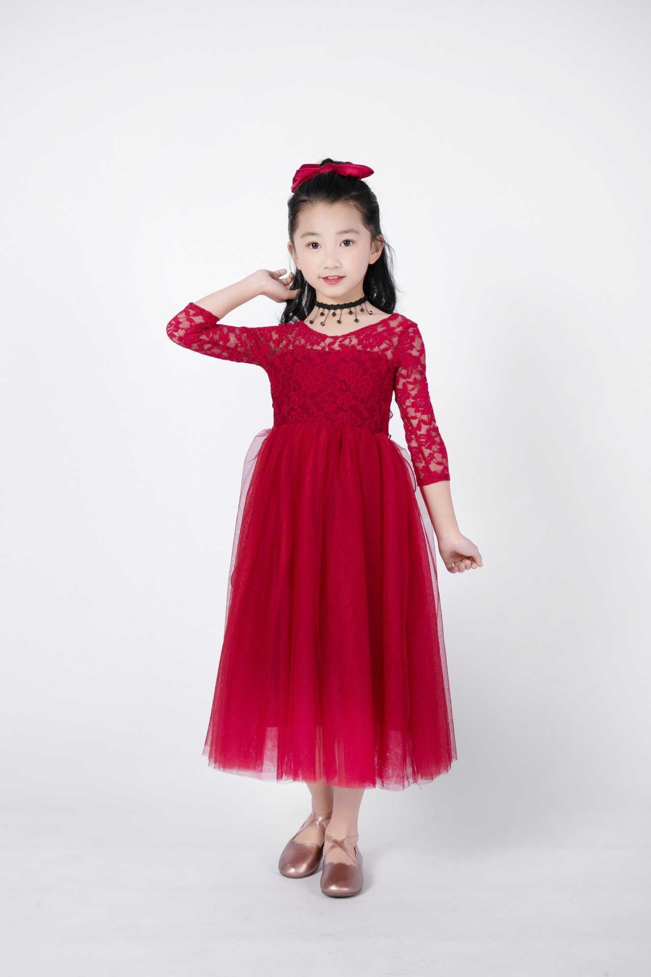 Red Year Lace Dress for Kids Lovely Bows Long Beach Tulle Pricness Children 2 Old Baby Girl Clothes 210529