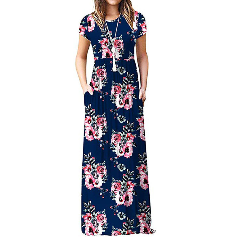 Summer Maxi Floral Dress Women Long Party Dress Ladies Loose Pocket Short Sleeve Casual Dress Robe Femme Sundress 210309