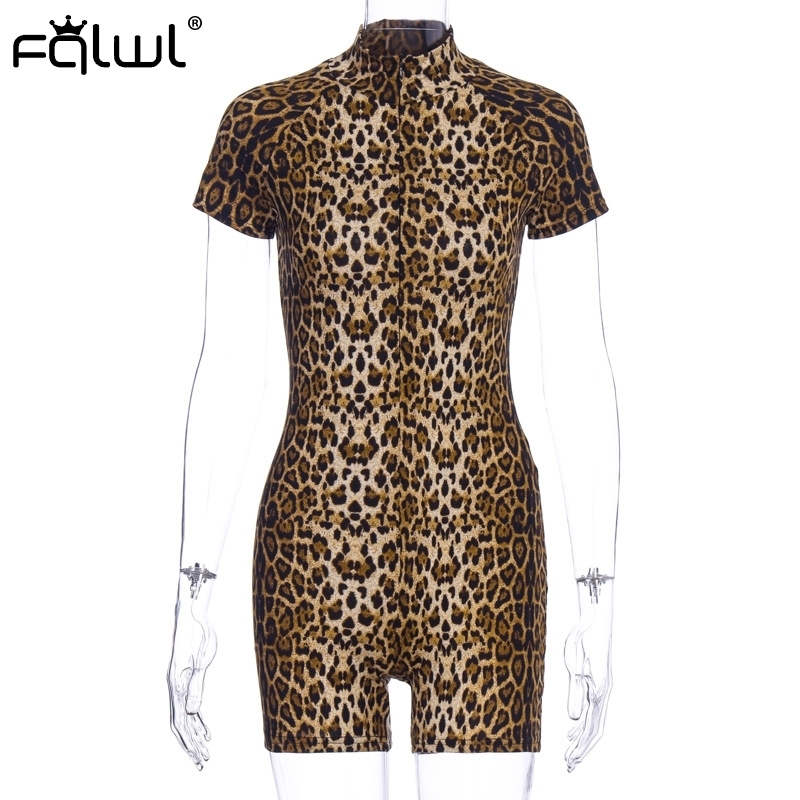 FQLWL Zipper Skinny Summer Sexy Rompers Womens Jumpsuit Female Playsuit One Piece Bodycon Short Ladies Leopard Jumpsuit Women T200527