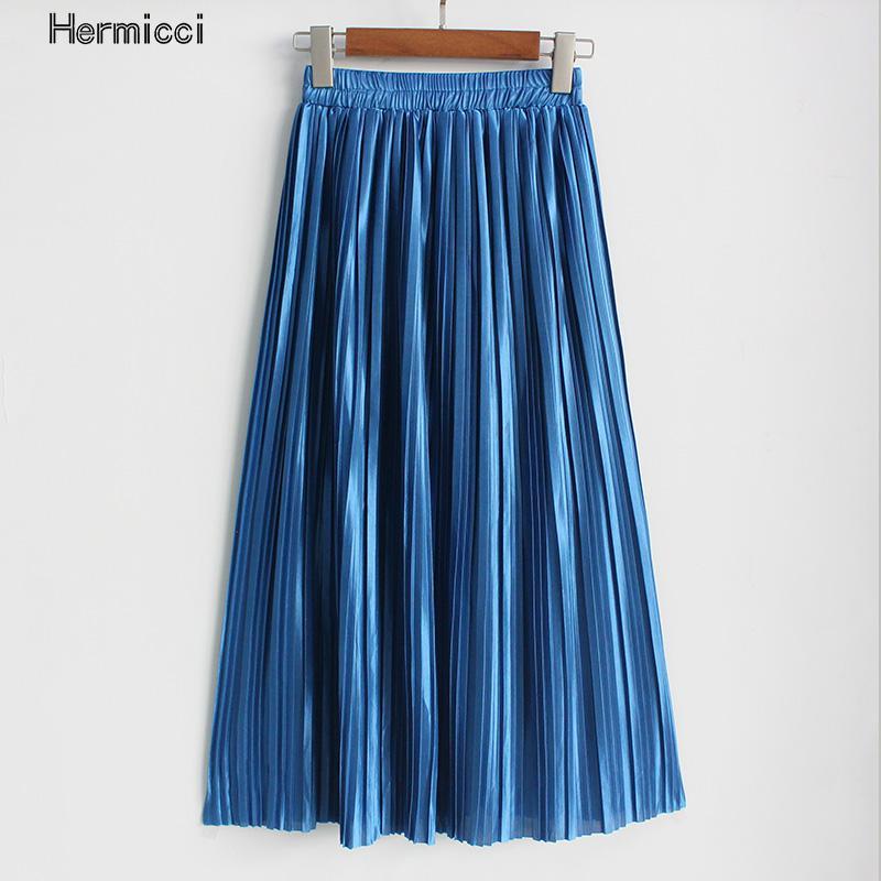 Hermicci Fashion Skirts Summer Pleated Long Skirts Women Metallic Midi Skirts Faldas Largas Mujer 210309