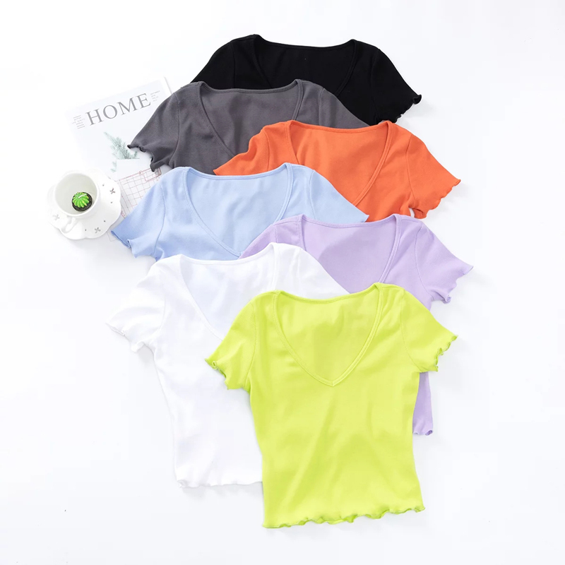 Women V Neck Frill Trim Crop Tee Short Sleeve Crop Top 210306