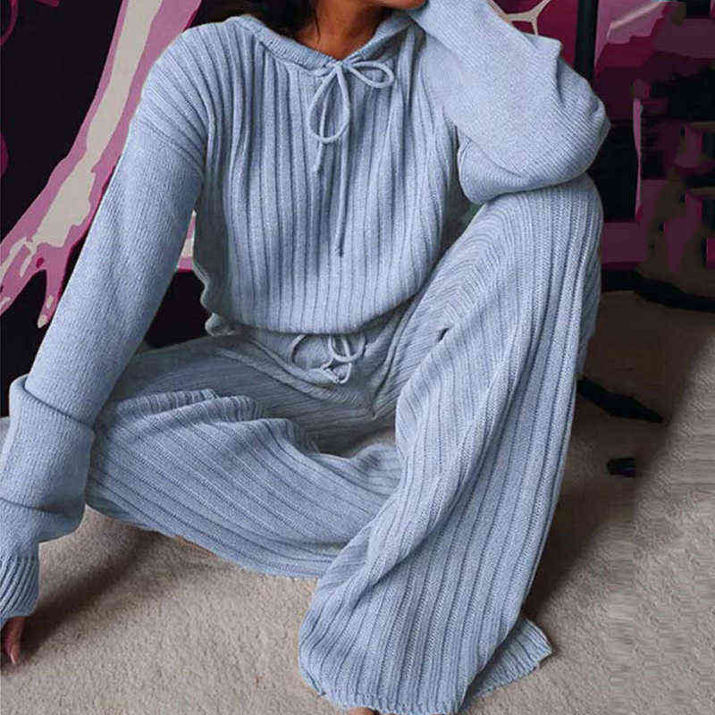 Autumn Winter Knitted Pajama Set Women Hooded Pajama Pants Home Suit for Women Long Sleeve Sleepwear Loose Lounge Wear Ladies 211109