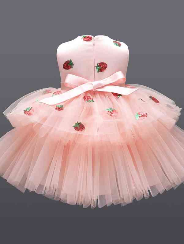 Baby Sequin Insert Strawberry Pattern Bow Front Mesh Gown Dress SHE