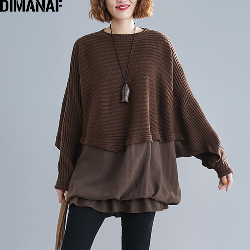 DIMANAF Oversize Autumn Women Sweater Knitting Pullovers Tops Plus Size Female Lady Fashion Casual Batwing Sleeve Basic Clothing 201017