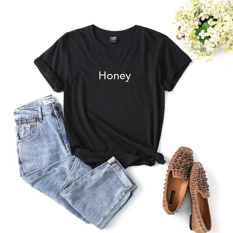 Casual 100% Cotton Women T-Shirt O-Neck Short Sleeve Honey Letter Print Fashion Summer Female Tees W730 210526