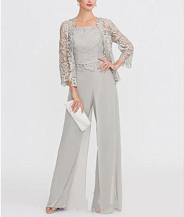 2021 Elegant Chiffon Mother Of The Bride Pants Suit With Short Lace Jacket Cheap Wedding Guest Dresses Women Beach Country Formal Party Wear