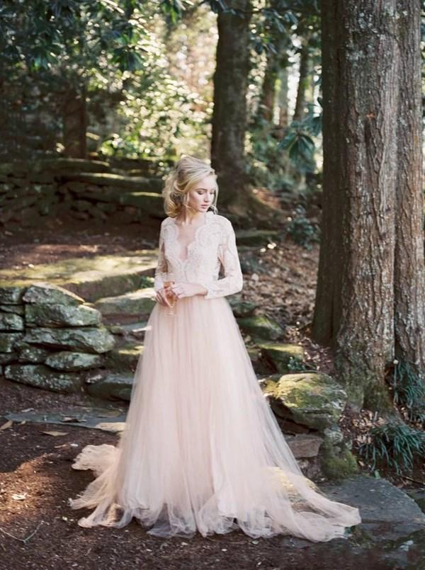 Blush Pink Dresses Long Sleeves Lace Tulle Sexy Hollow Back Scalloped V Neck Sweep Train Country Wedding Gown Vestido De Novia