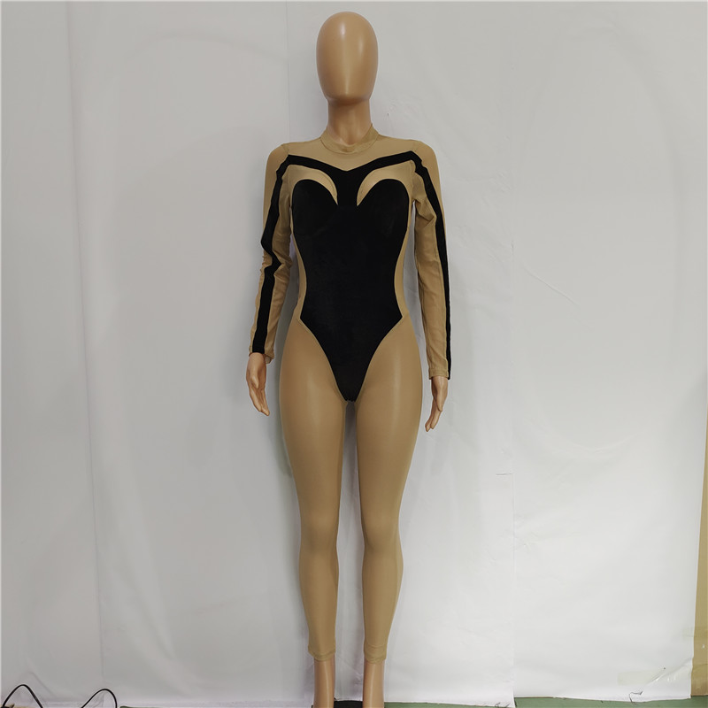 Fall Winter Velvet Jumpsuits Women Velour Mesh Rompers Long Sleeve Jumpers Sheer Casual Bodycon Bodysuit Sexy Night Club Wear Wholesale Items 6922