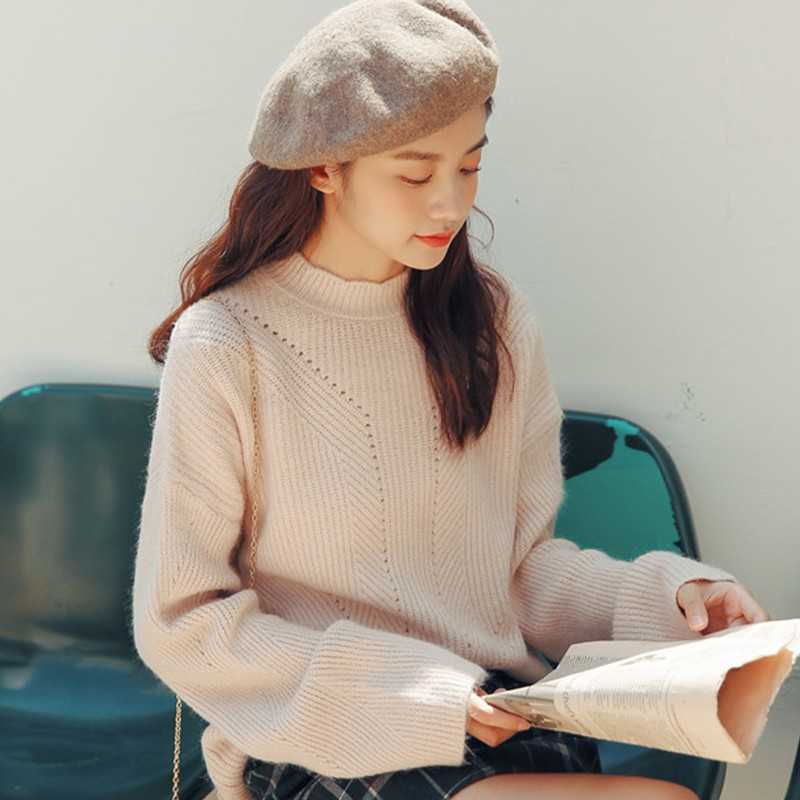 Yedinas Sweet Pullover Sweater Knitted Women Winter Solid Loose Lace Up Ladies Jumoers Long Sleeve O Neck Top Korean Style 210527