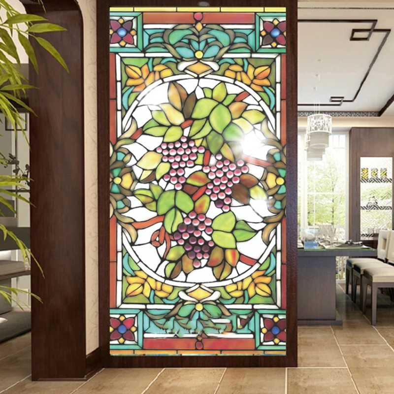 Frosted Privacy Window Film Stained Glass Film Retro European Church Style Colorful Window Stickers Shower Bathroom Glass Film 210317