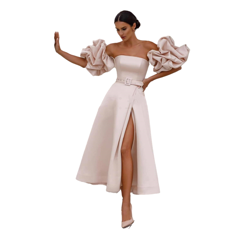 Vintage Tea Length A Line Wedding Dresses Satin Short Bridal Gowns With Detachable Sleeve Sexy Side Split Garden Bride Dress robes de mariée Custom Ma
