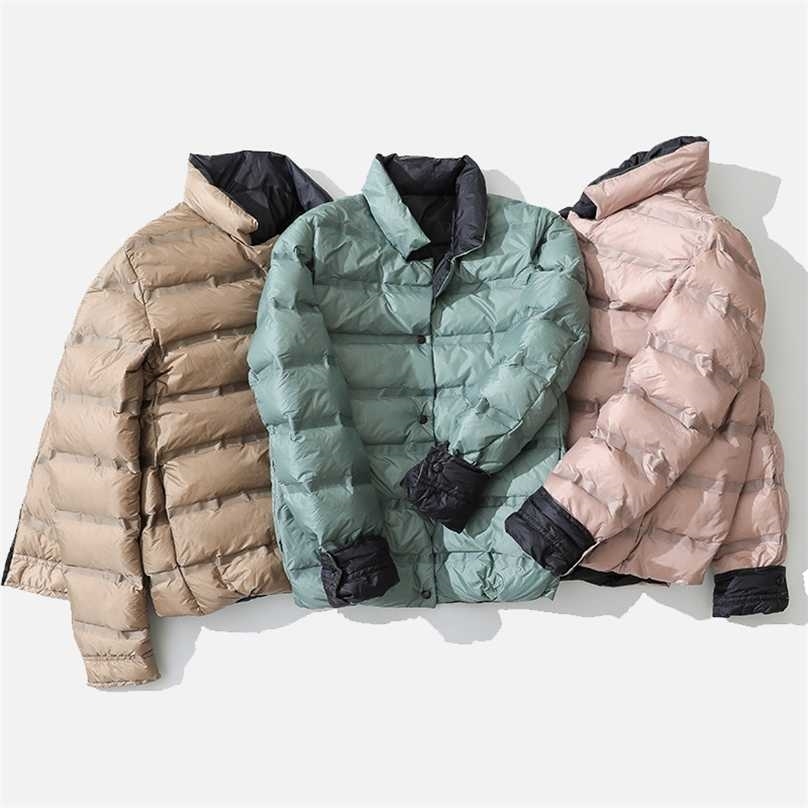 Women 90% Down Jacket Double Sided Stand Collar Female Coat Solid Single Breasted Winter Fashion Casual Lady Short Jackets 211013