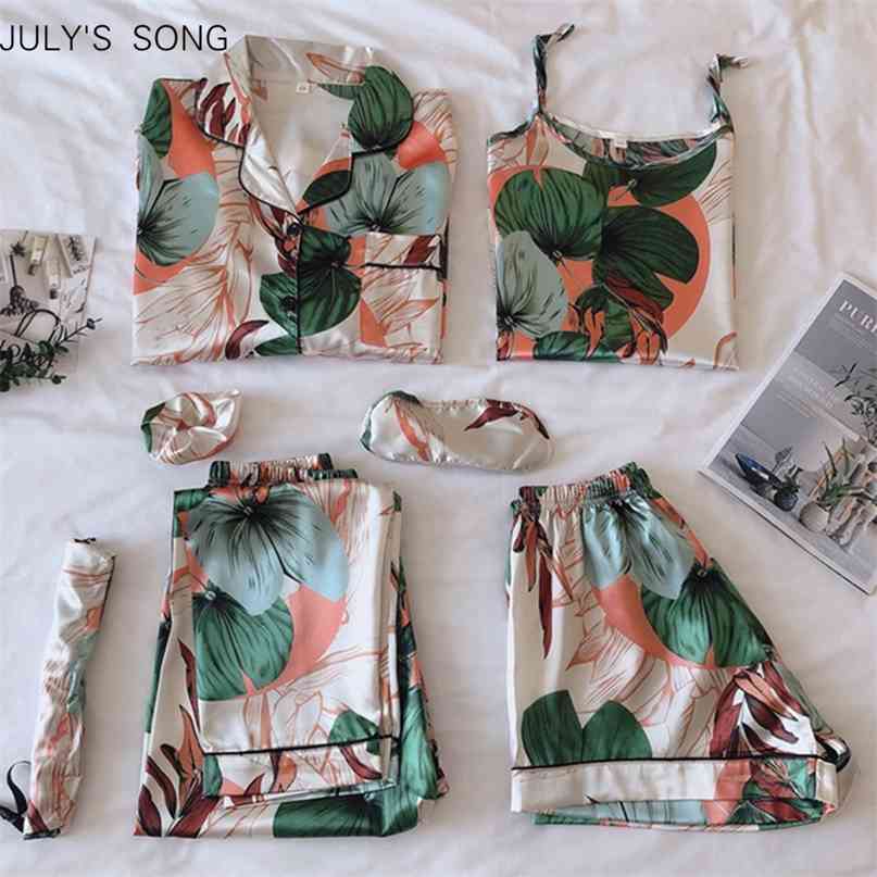 JULY'S SONG Women Pajamas Set 7 Pieces Satin Stripes Faux Silk Printing Pajamas For Woman Spring Summer Sleepwear Homewear 210924