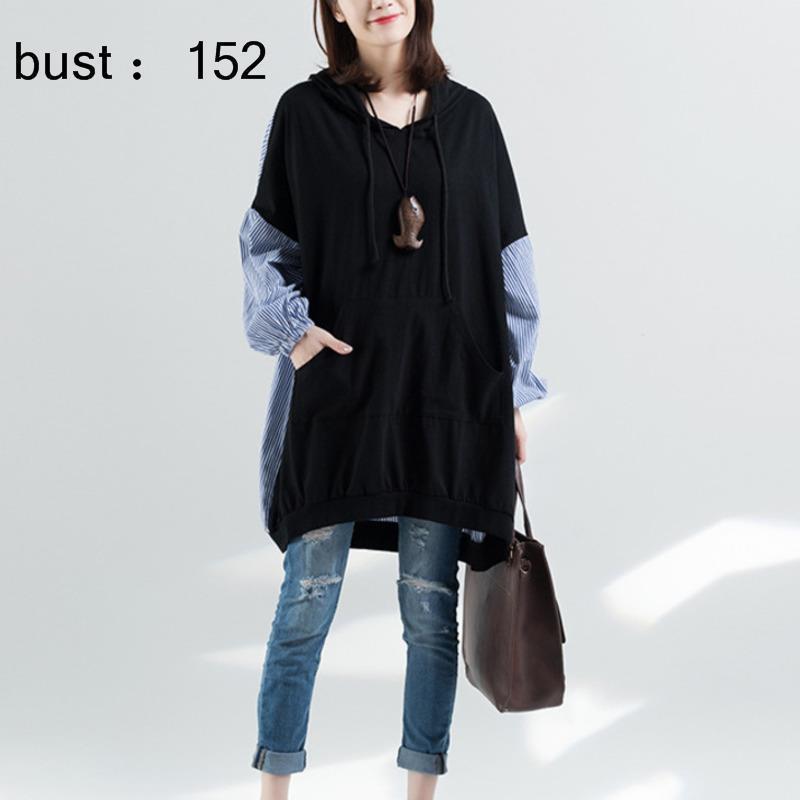 [EWQ] New Autumn Hooded Collar Striped Patchwork Black Loose Long Pullvoers Women's Sweatshirt Females Clothing AH16801XL 201112