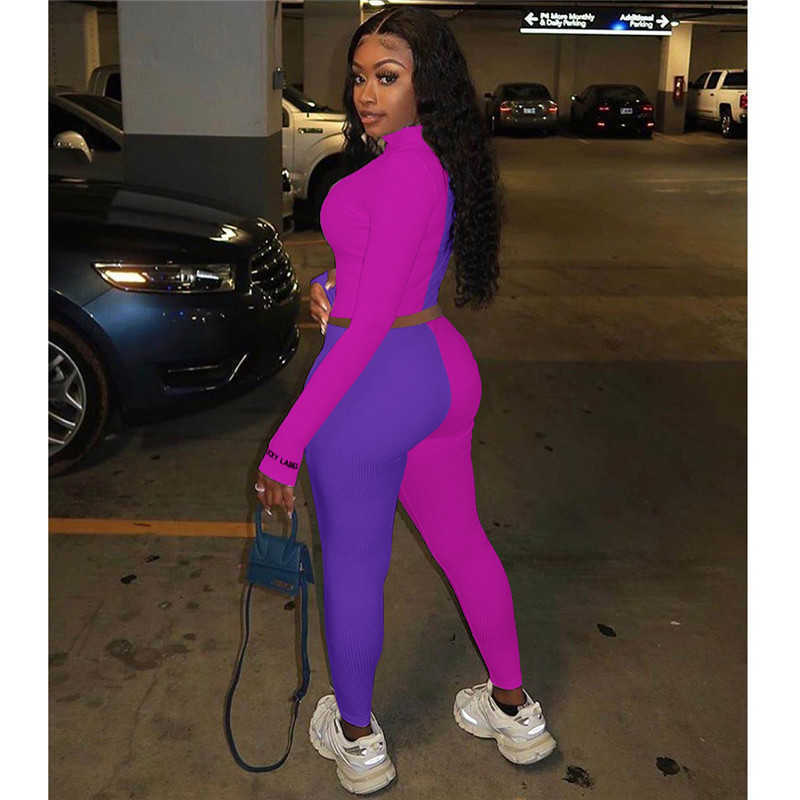 Plus size 2X Women fall winter clothing outfits panelled two piece set long sleeve sweatshirt crop top pants casual tracksuits