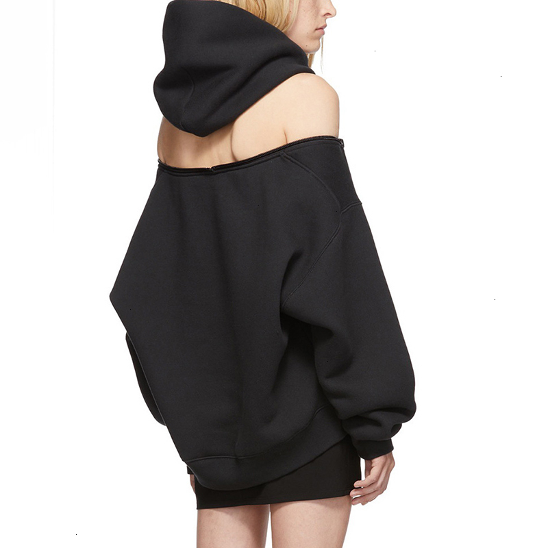 TWOTWINSTYLE Casual Loose Women's Sweatshirts Hooded Long Sleeve Zipper Backless Off Shoulder Sweatshirt For Female Fashion 201211
