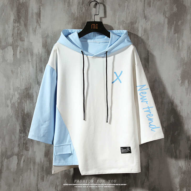 Half Sleeve Hoodies T-shirt Sweatshirts Men Hooded Casual Male Lace Up big X print 210629