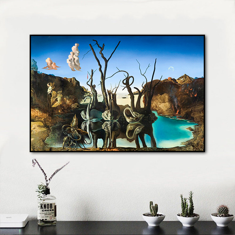 Salvador Dali Swans Reflecting Elephants Canvas Painting Abstract Posters and Print Wall Art Picture Living Room Decor Cuadros