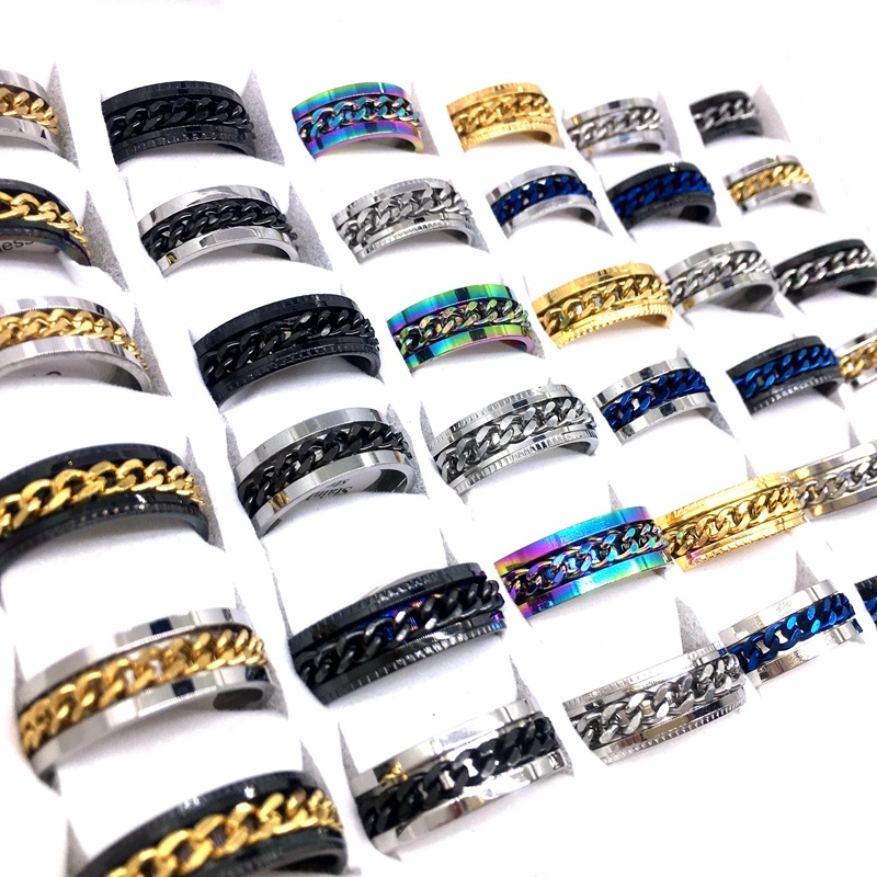 Whole 100pcs Mens Womens Band Rings Fashion Stainless Steel Chain Spinner Mix Colors Variety of styles Jewelry