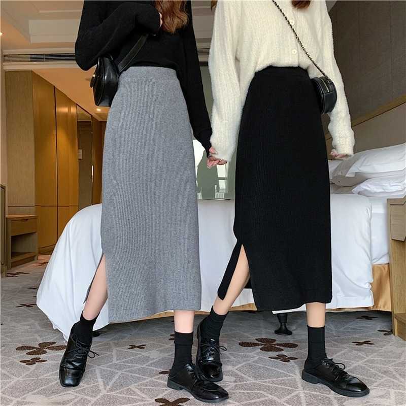 Autumn and Winter Korean Long Back Slit Skirt Hip Skirts All-match High Waist Slimming Black Knitted Skirt Women Plus Size 211119