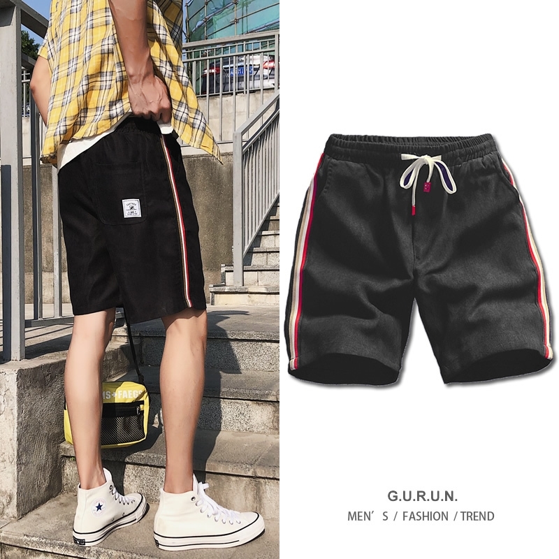New Men Shorts Casual Solid Color Stripe Side Summer Male Loose Beach Shorts Elastic Waist Quickdrying Jogger Short Pants T200718