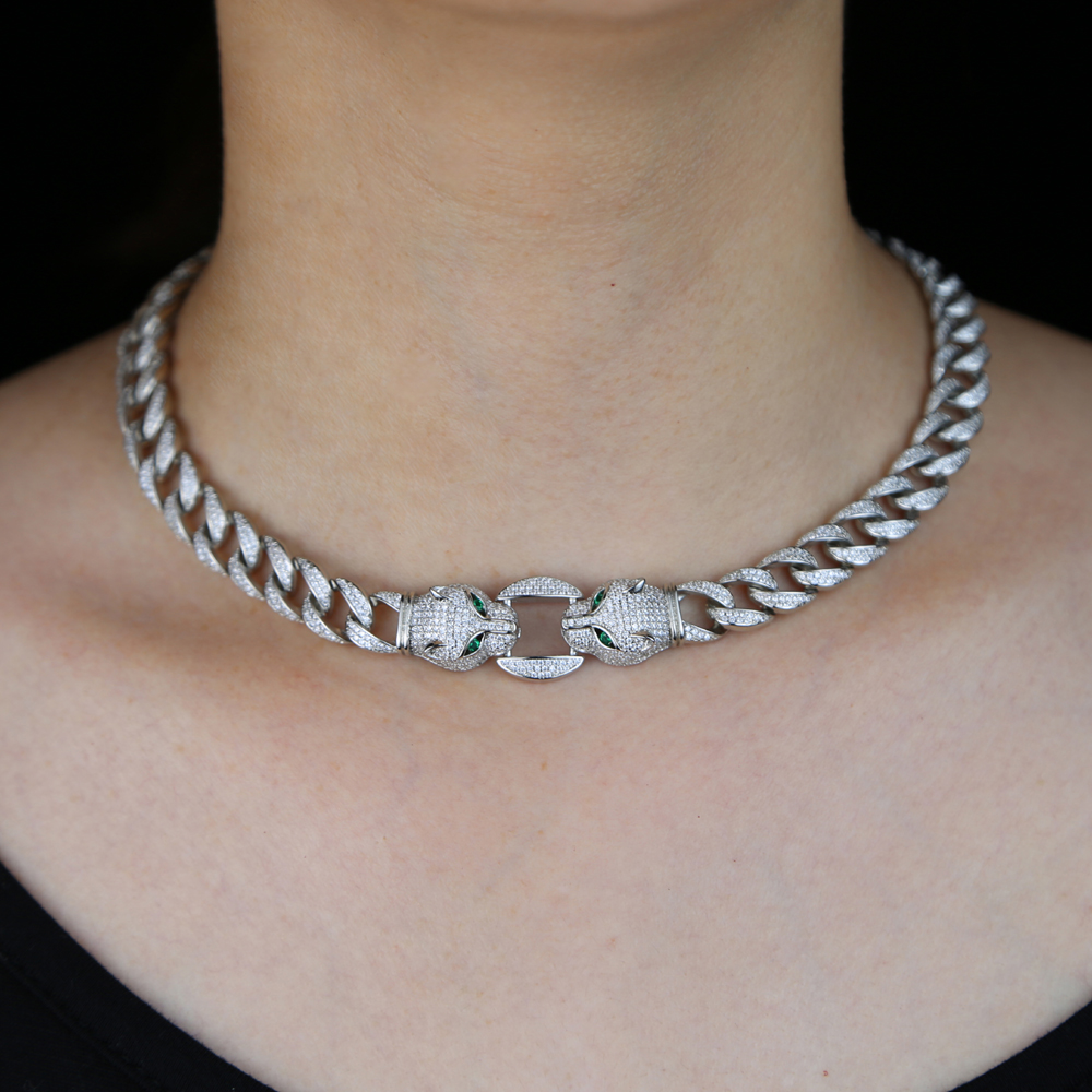 Iced out bling hip hop women necklace jewelry micro pave 5A CZ Cool animal design Leopard Jaguar charm cuban chain choker necklaces