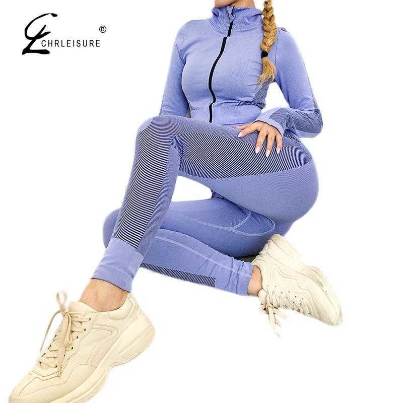 CHRLEISURE Women 2 Piece Set Tracksuits Fitness Long Sleeve Crop Top Solid Workout Leggings Female suit 211007