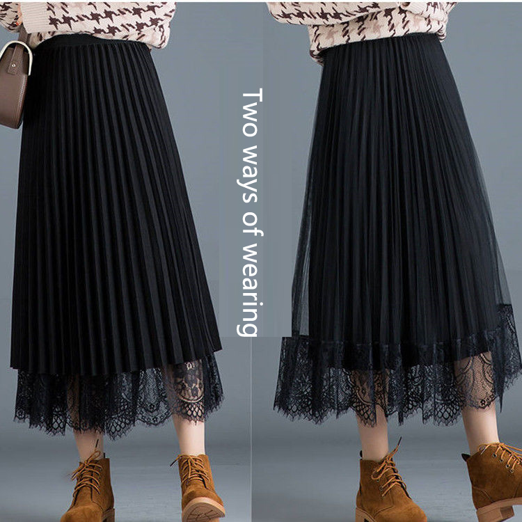 Women Vintage Long Lace Tulle Skirts New Autumn Hollow Out Black Spring Pleated Skirt Plus Size Elastic Waist Midi skirts 210309
