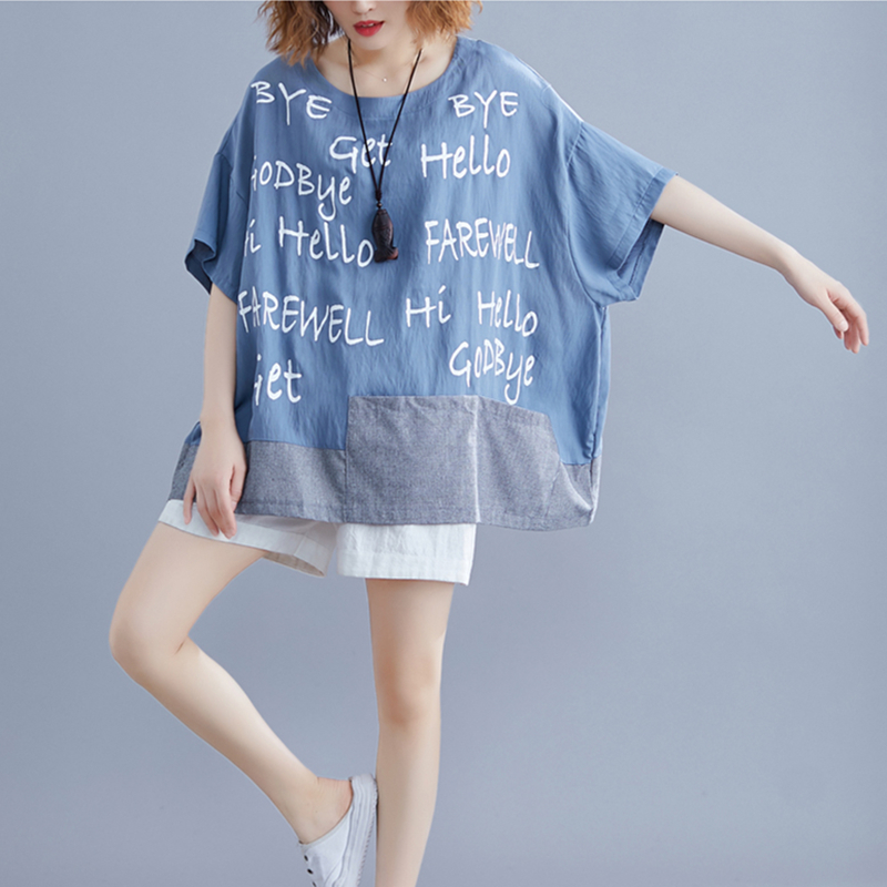 Plus Size tshirts Cotton Women Tee Letter Print Tshirt Oversized Vogue T Shirt Patchwork T-shirt Summer Tops Femme 4xl 5xl 6xl T200516