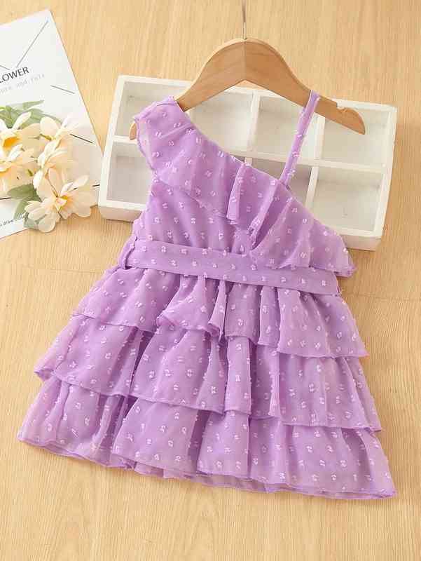 Baby Swiss Dot Asymmetrical Neck Layered Hem Belted Dress SHE